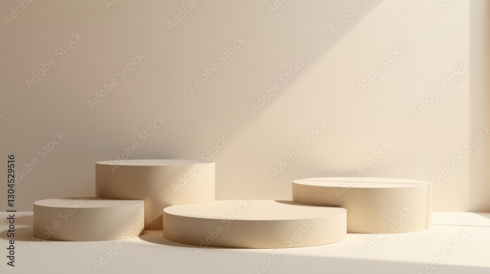 Elegant Cream Cylindrical Platforms Illuminated by Sunlight in a Minimalist Setting Elegant Cream Cylindrical Platforms Illuminated by Sunlight in a Minimalist Setting