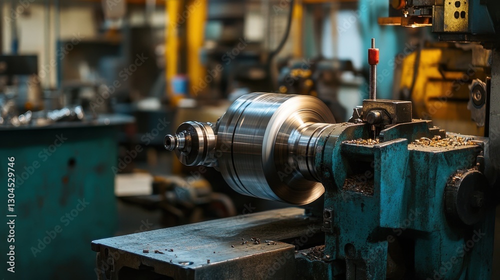 Industrial CNC lathe machine shaping cylindrical metal parts. Industrial CNC lathe machine shaping cylindrical metal parts.