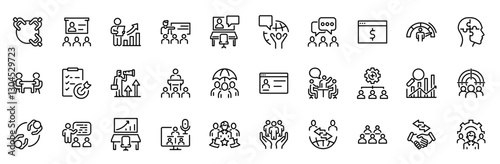 Business training web line icon set. Set of 30 outline icons related to business training, education, seminar, course, coaching, mentoring, meeting and others. Editable stroke. Vector illustration.