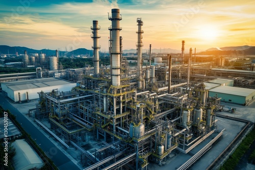 Bird's eye perspective of an innovative chemical oil refinery facility beneath a clear blue sky highlighting the gas oil depot structure photo