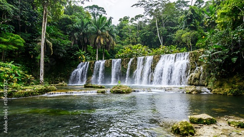 Lush Green Tropical Waterfall Cascading into a Calm Pool