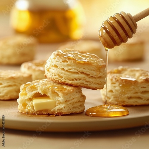 Plate of flaky biscuits with honey syrup being poured on top in a food photography setting