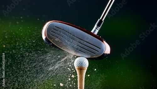 Ultra macro of a golf tee breaking apart as the driver makes impact, capturing the precise moment of tension and the fragments flying, emphasizing the power of the swing.
 photo