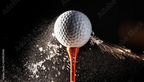 Ultra macro of a golf tee breaking apart as the driver makes impact, capturing the precise moment of tension and the fragments flying, emphasizing the power of the swing.
 photo