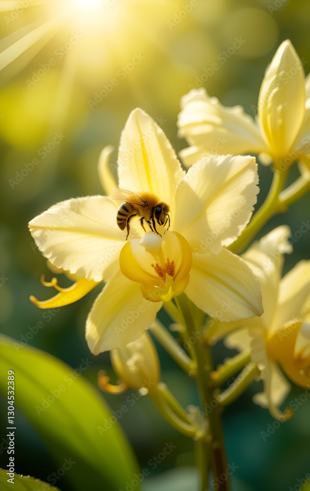 vanilla yellow orchid flowers with working Mexican bee. perfume and cooking concept. Ai generated