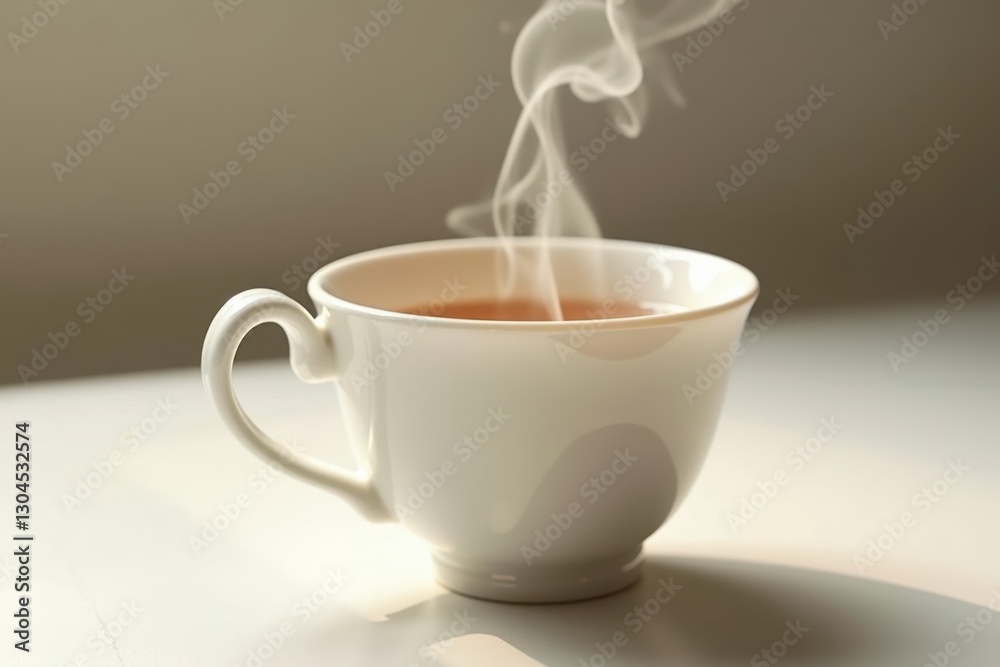 Warm cup of tea with steam rising in sunlight Warm cup of tea with steam rising in sunlight