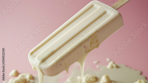 Classic Creamy White Ice Cream Bar Melting on a Soft Pink Background photo