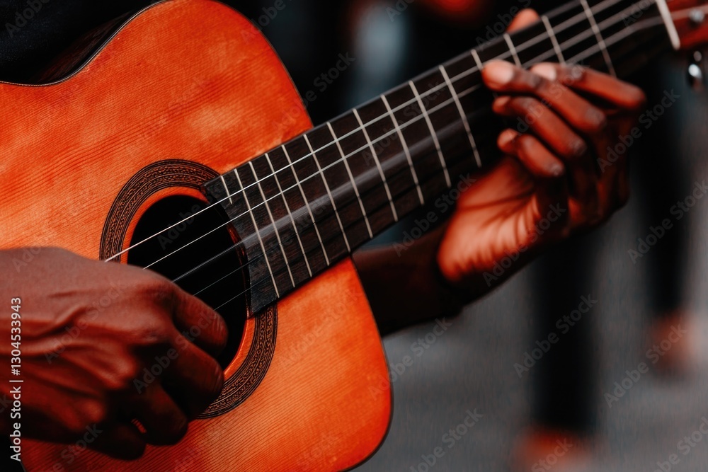 Fototapeta premium Hands skillfully strumming warm-toned guitar, creating vibrant m