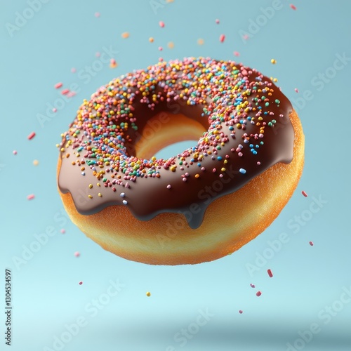A delicious looking donut with chocolate frosting and colorful sprinkles