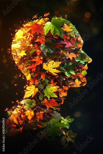 Nature-inspired portrait of a human face crafted from autumn leaves studio setting artistic concept close-up view