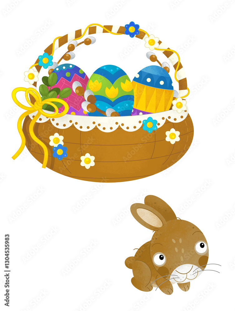 Naklejka premium cartoon scene with colorful easter basket and rabbit on frame with white background for text - illustration for children
