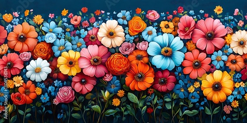 Wallpaper Mural Colorful Flowers Blooming Against a Dark Blue Background Torontodigital.ca