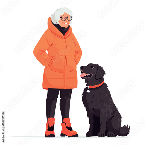 senior woman in winter outfit with dog isolated vector illustration