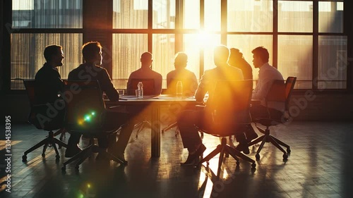 Strategic Meeting: Business Professionals Collaborating Around Conference Table at Sunset