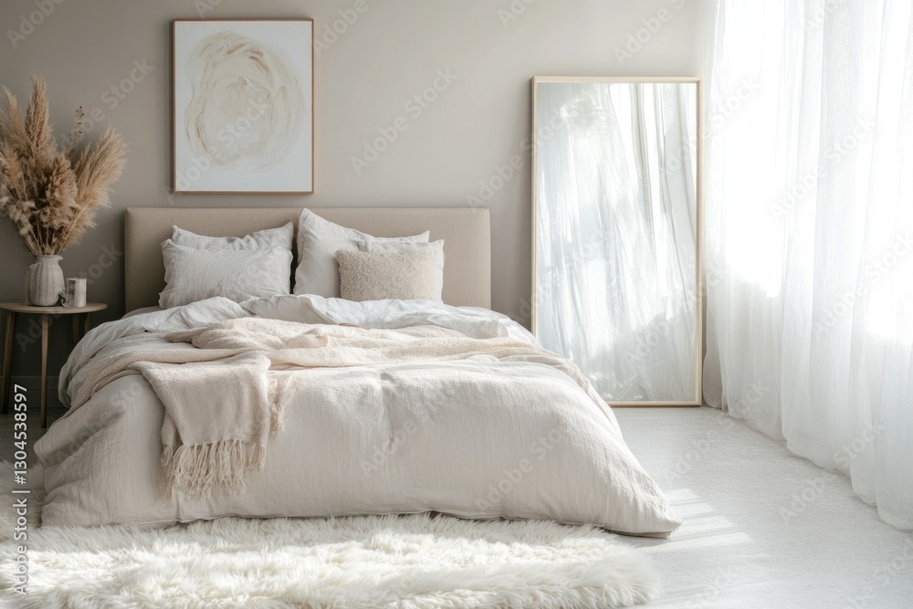 Serene bedroom with neutral tones, linen bedding, and natural light. Serene bedroom with neutral tones, linen bedding, and natural light.