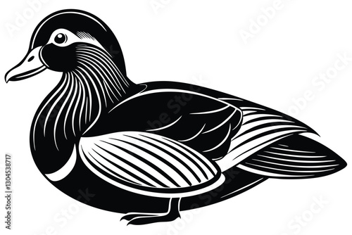 black and white Mandarin Duck silhouette vector design