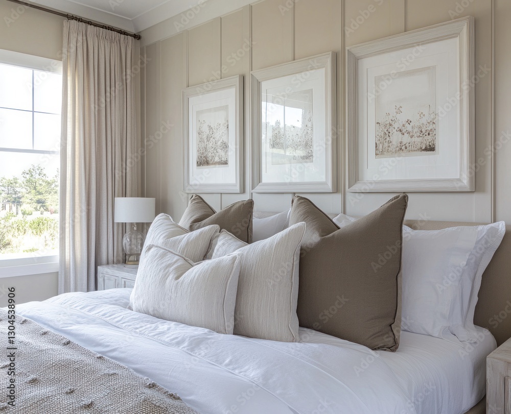 Fototapeta premium Serene bedroom with neutral tones, plush bedding, and wall art.