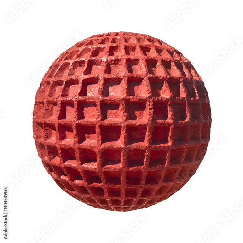 Large Red Textured Sphere with Grid Pattern Isolated on Transparent Background PNG