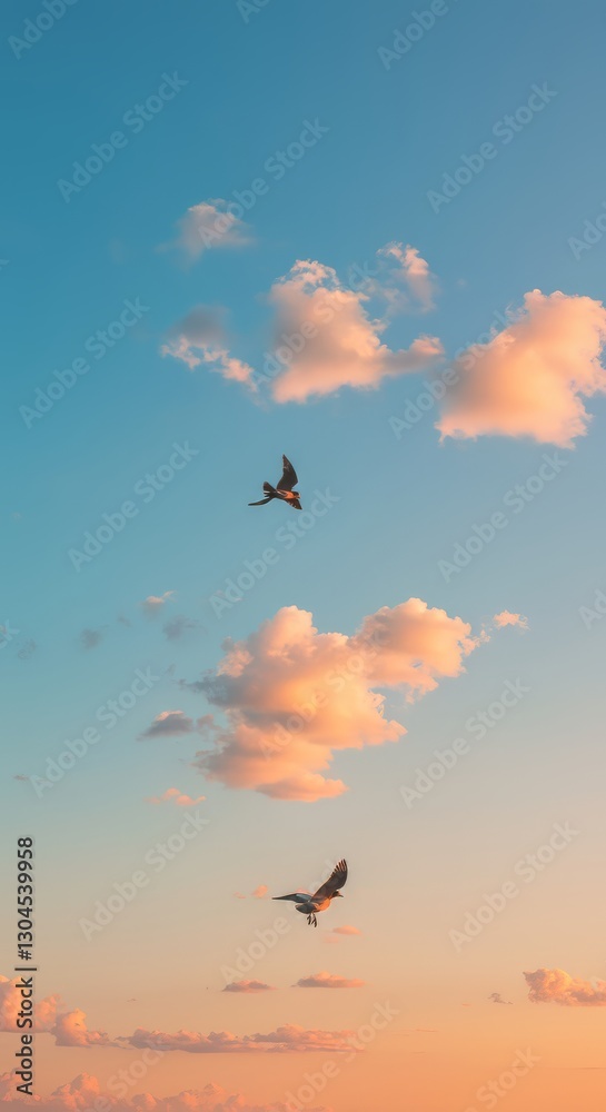 Fototapeta premium Seagulls Flying in a Dreamy Pastel Sky During a Warm Sunset