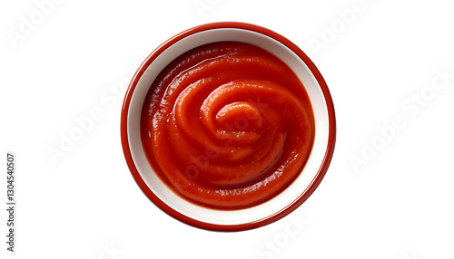 Fresh Tomato Ketchup PNG in White Bowl with Red Rim, Swirled Spiral Design, Perfect Condiment for Snacks, Fast Food, and Cooking, Representing Delicious Flavor and Smooth Texture