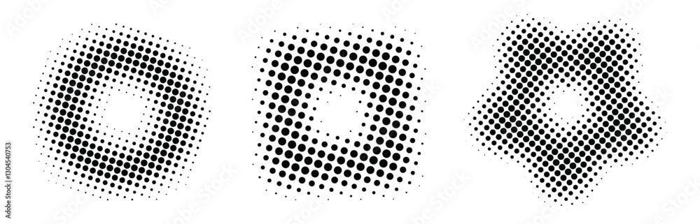 set of graphic elements, halftone dot pattern, magazine style, isolated circle and square