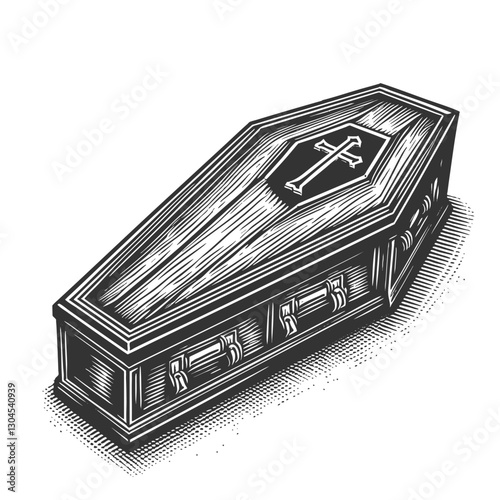 wooden coffin featuring a cross design on the lid, symbolizing death and funerals sketch engraving generative ai vector illustration. Scratch board imitation. Black and white image.