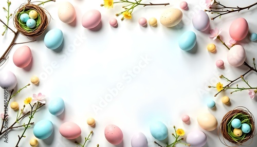 Una toma completa en ángulo alto presenta un arreglo festivo de Pascua sobre un fondo blanco limpio