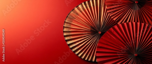 Red background with red paper fans and gold flowers is a common design element in Chinese New Year banners