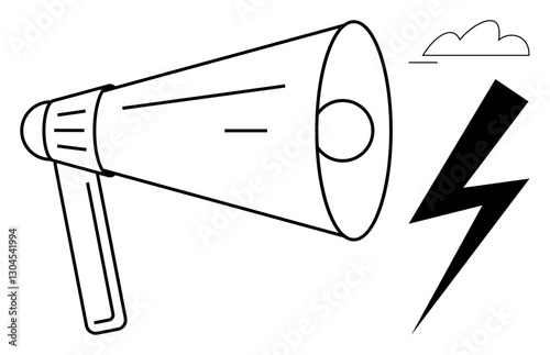 Megaphone emphasizing projection and influence, lightning bolt symbolizing energy and effectiveness, cloud suggesting connection or thought. Ideal for leadership, marketing, outreach, empowerment