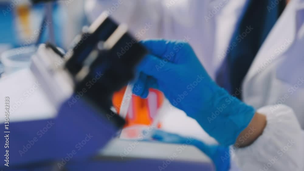 Medical or scientific researcher or man doctor looking at a test tube of clear solution in a laboratory Medical or scientific researcher or man doctor looking at a test tube of clear solution in a laboratory