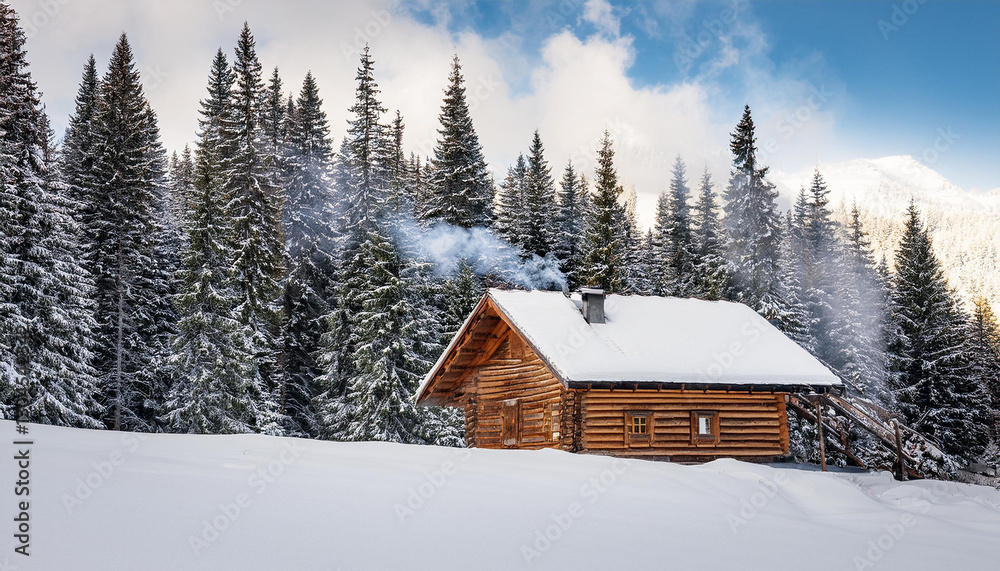 Old Wooden Cabin in the Snowy Mountains Old Wooden Cabin in the Snowy Mountains