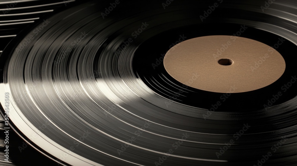 Obraz premium Shiny vinyl record reflecting light, showcasing grooves and cent