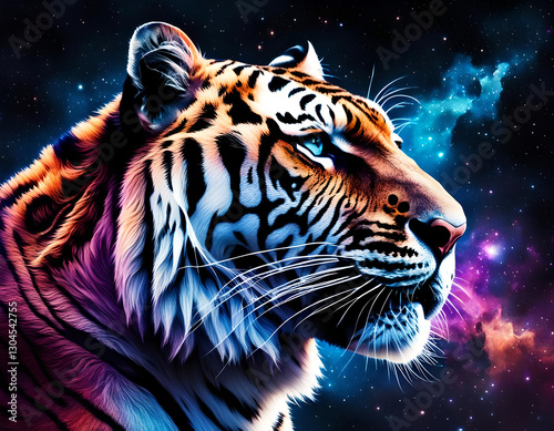 Tiger head over colourful nebulas and starry night sky. Concept of a totem animal, powerful Universe, ancient believes and mythology. Amazing digital illustration. CG Artwork Background
