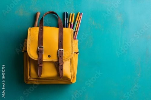 The concept of back to school is represented by a vibrant and colorful scene featuring a yellow backpack filled with an assortment of school supplies on a light blue background