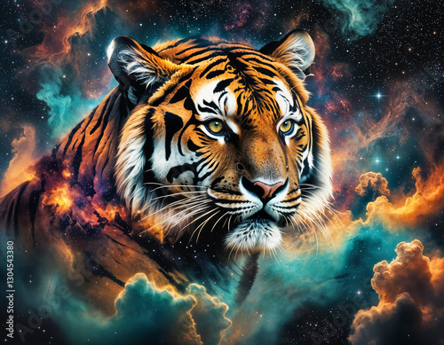 Tiger head over colourful nebulas and starry night sky. Concept of a totem animal, powerful Universe, ancient believes and mythology. Amazing digital illustration. CG Artwork Background