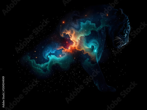 Majestic Tiger over colourful nebulas and starry night sky. Concept of a totem animal, powerful Universe, ancient believes and mythology. Amazing digital illustration. CG Artwork Background