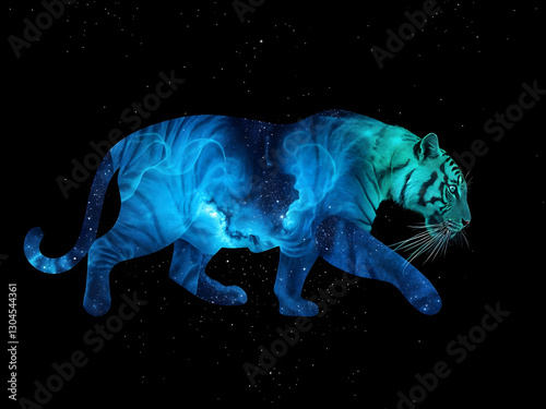 Majestic Tiger over colourful nebulas and starry night sky. Concept of a totem animal, powerful Universe, ancient believes and mythology. Amazing digital illustration. CG Artwork Background