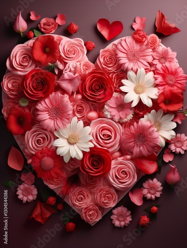 Heart shape made of flowers on.Valentines day festive background love and wedding card