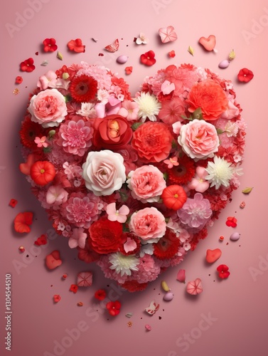 Heart shape made of flowers on.Valentines day festive background love and wedding card
