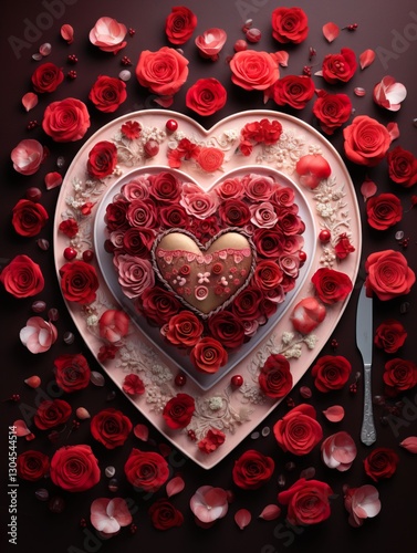 Heart shape made of flowers on.Valentines day festive background love and wedding card