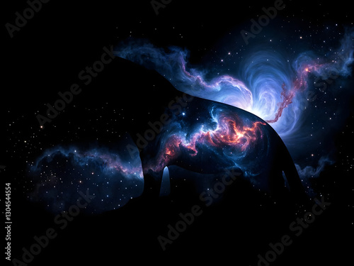 Majestic Tiger over colourful nebulas and starry night sky. Concept of a totem animal, powerful Universe, ancient believes and mythology. Amazing digital illustration. CG Artwork Background