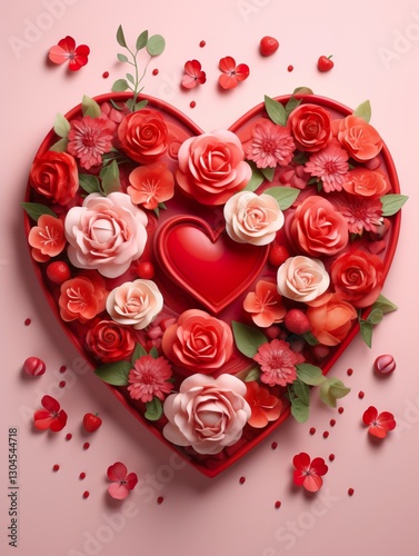 Heart shape made of flowers on.Valentines day festive background love and wedding card