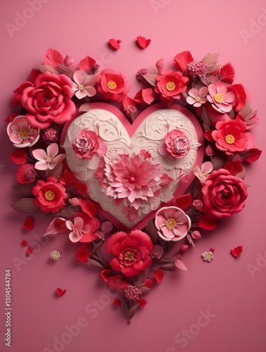 Heart shape made of flowers on.Valentines day festive background love and wedding card