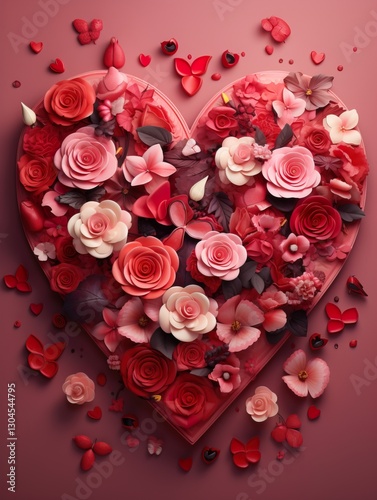 Heart shape made of flowers on.Valentines day festive background love and wedding card