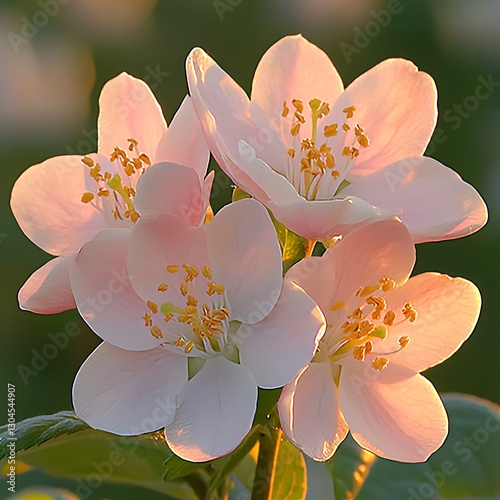 Pink blossoms glowing in sunset garden