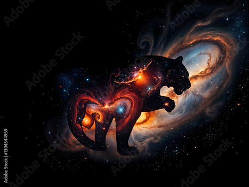 Majestic Tiger over colourful nebulas and starry night sky. Concept of a totem animal, powerful Universe, ancient believes and mythology. Amazing digital illustration. CG Artwork Background