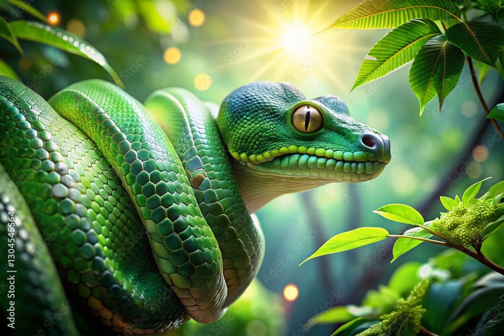 Fototapeta premium Emerald Tree Boa Snake Moving in Rainforest Canopy - Aerial Drone Shot
