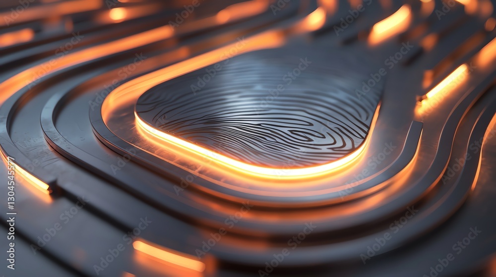 Fototapeta premium A fingerprint embedded in a futuristic, metallic surface, illuminated by a warm orange glow.