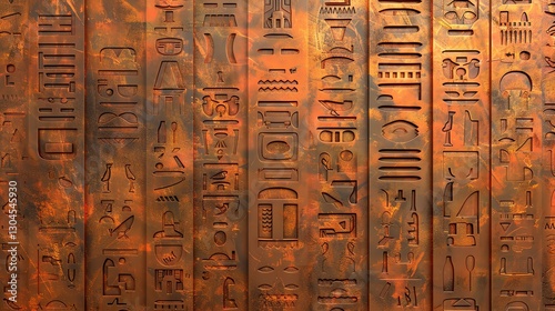 A weathered, rust-colored wall with hieroglyphics carved into it.