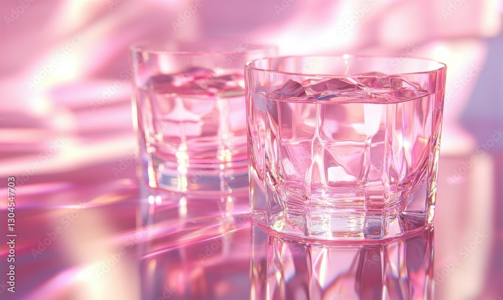 Two pink glasses on a reflective, shimmering pink surface.